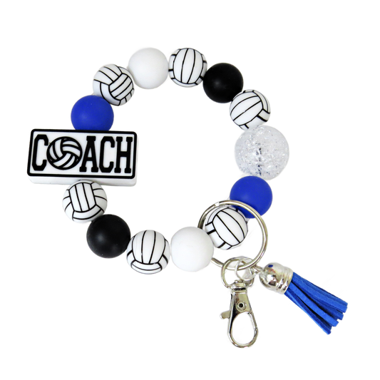 Volleyball Coach Silicone Keychain Beaded Wristlet - Custom Color Car Key Ring Bracelet with Tassel - Handmade Gift for Team Moms, Players & Fans