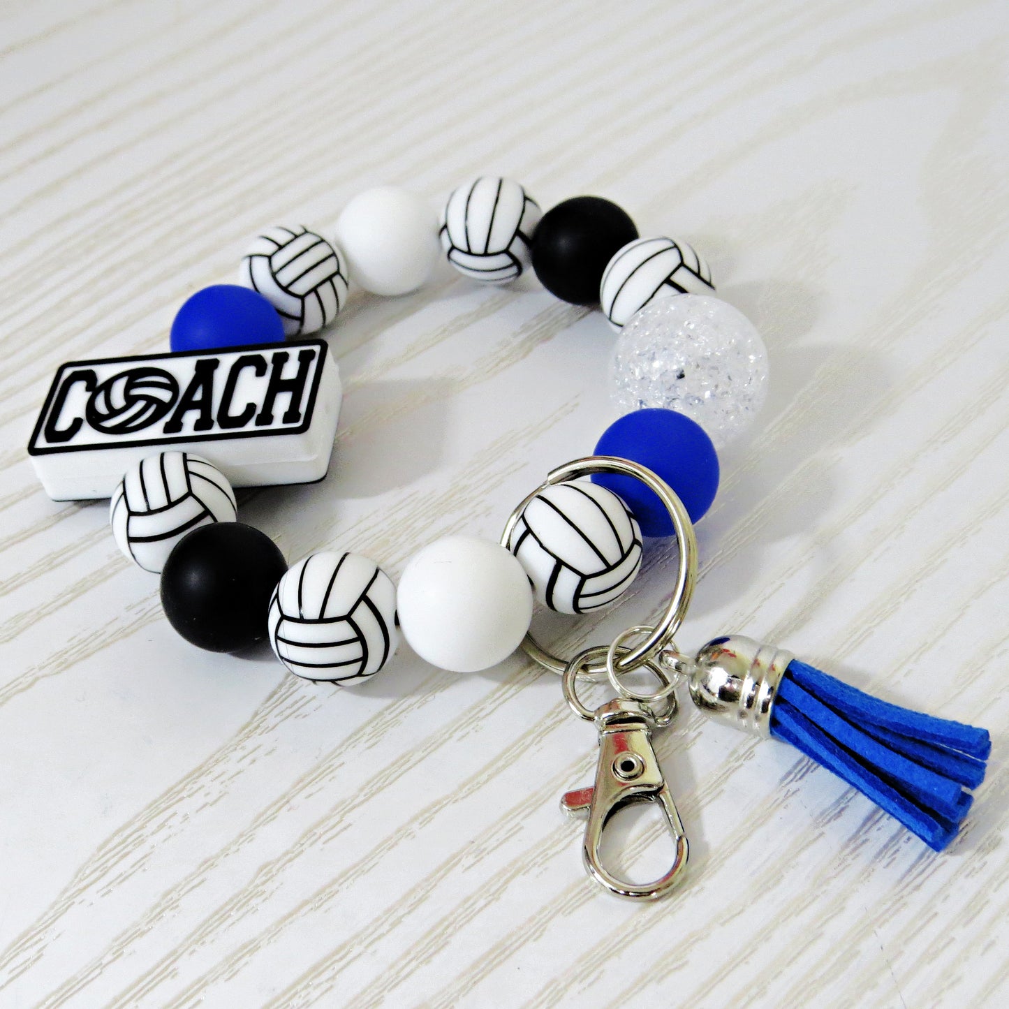 Volleyball Coach Silicone Keychain Beaded Wristlet - Custom Color Car Key Ring Bracelet with Tassel - Handmade Gift for Team Moms, Players & Fans