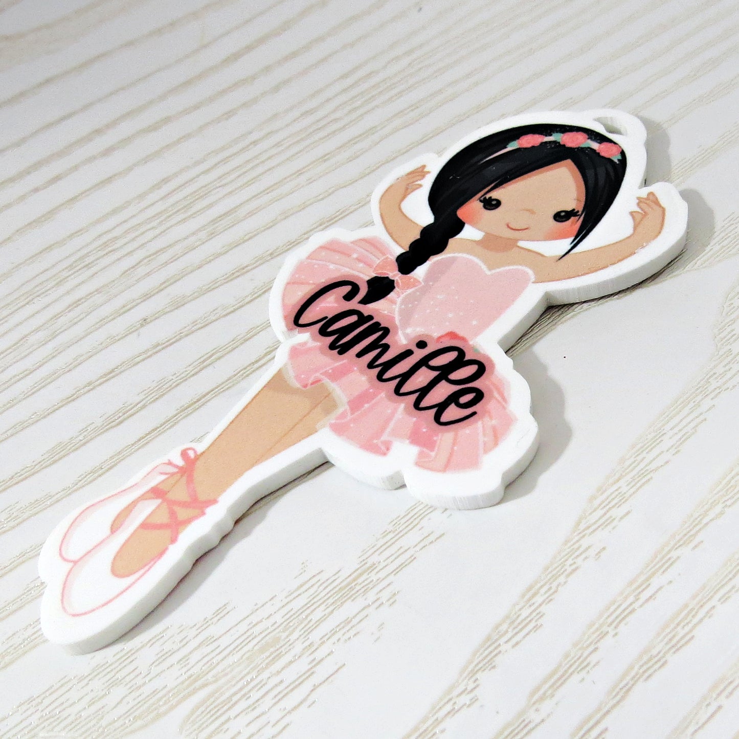 Ballerina Ballet Bag Tag Personalized with Name - Young Dancer Bag Name Tag - Pointe Keychain Ballerina Shoes - Blond Red Black Brown Brunette Hair