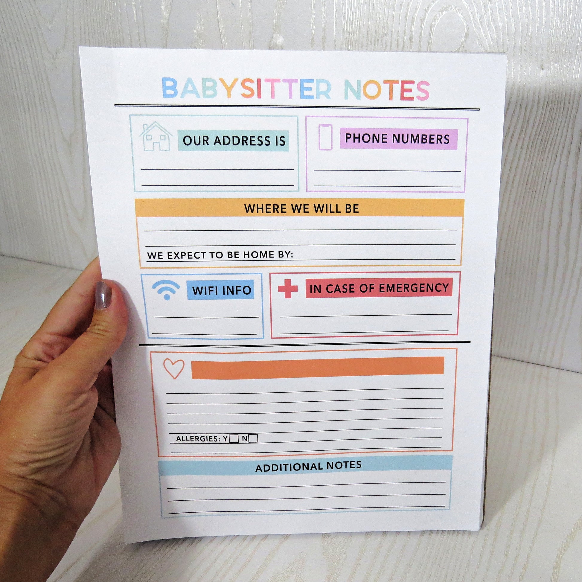 Babysitter Notes Notepad - Organized Parent & Sitter Info Sheet - close-up of cover artwork