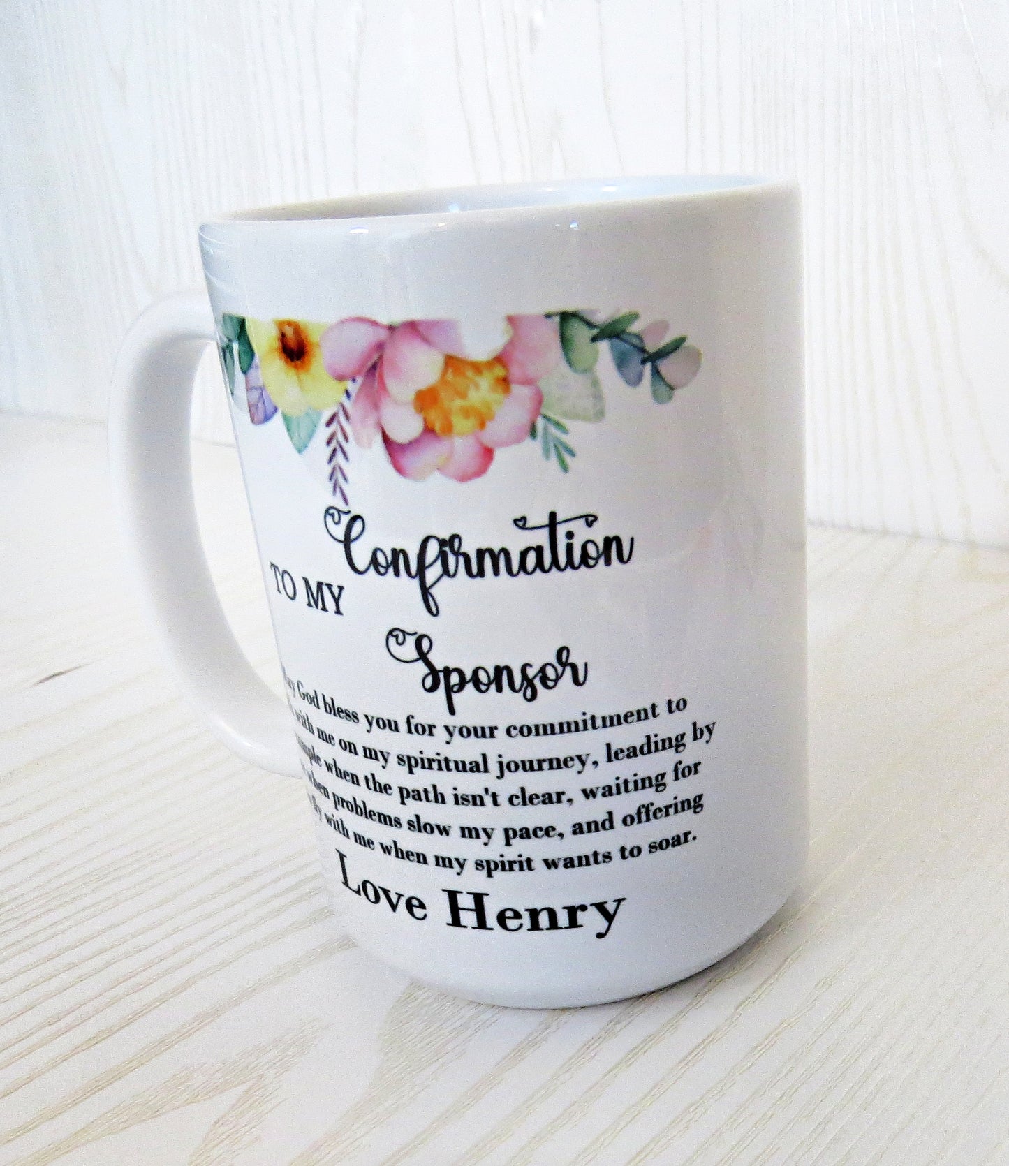 Personalized Confirmation Sponsor Mug - Custom Religious Gift - lifestyle in-use display