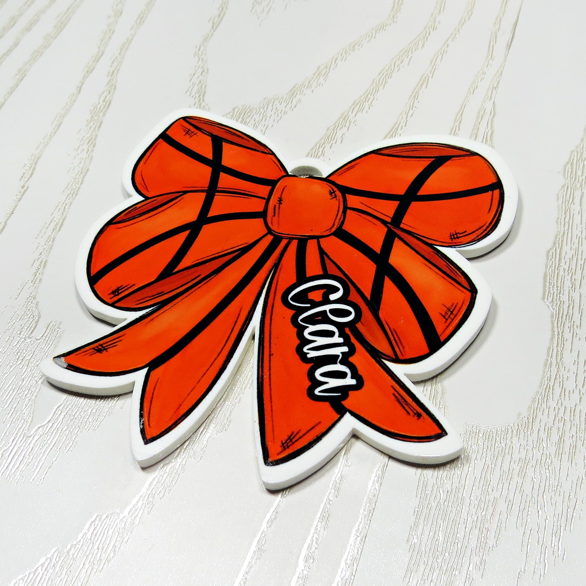 Personalized Basketball Bow Bag Tag - Custom Name Sports Bag Accessory - close-up of hardware detail