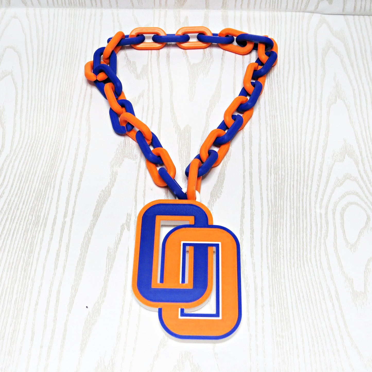 Olentangy Orange Hype Chain - Blue & Orange School Spirit Necklace - close-up of pendant detail