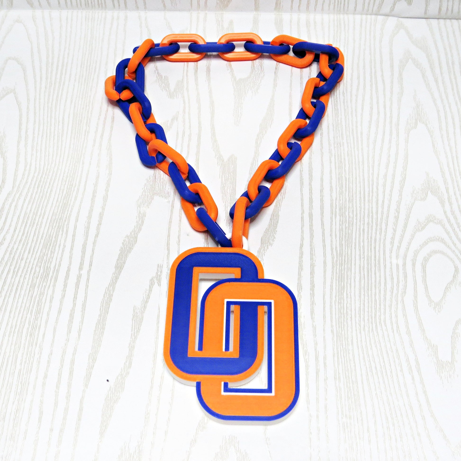 Olentangy Orange Hype Chain - Blue & Orange School Spirit Necklace - close-up of pendant detail