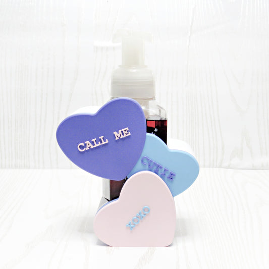 Valentine's Day Candy Heart Foaming Soap Dispenser Cover - top view showing pump opening
