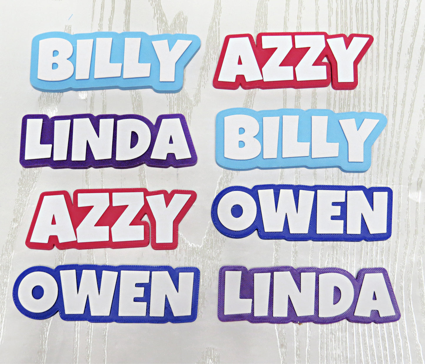 Personalized 3D Printed Name Magnet for Fridge Locker or Classroom Decor displayed on countertop