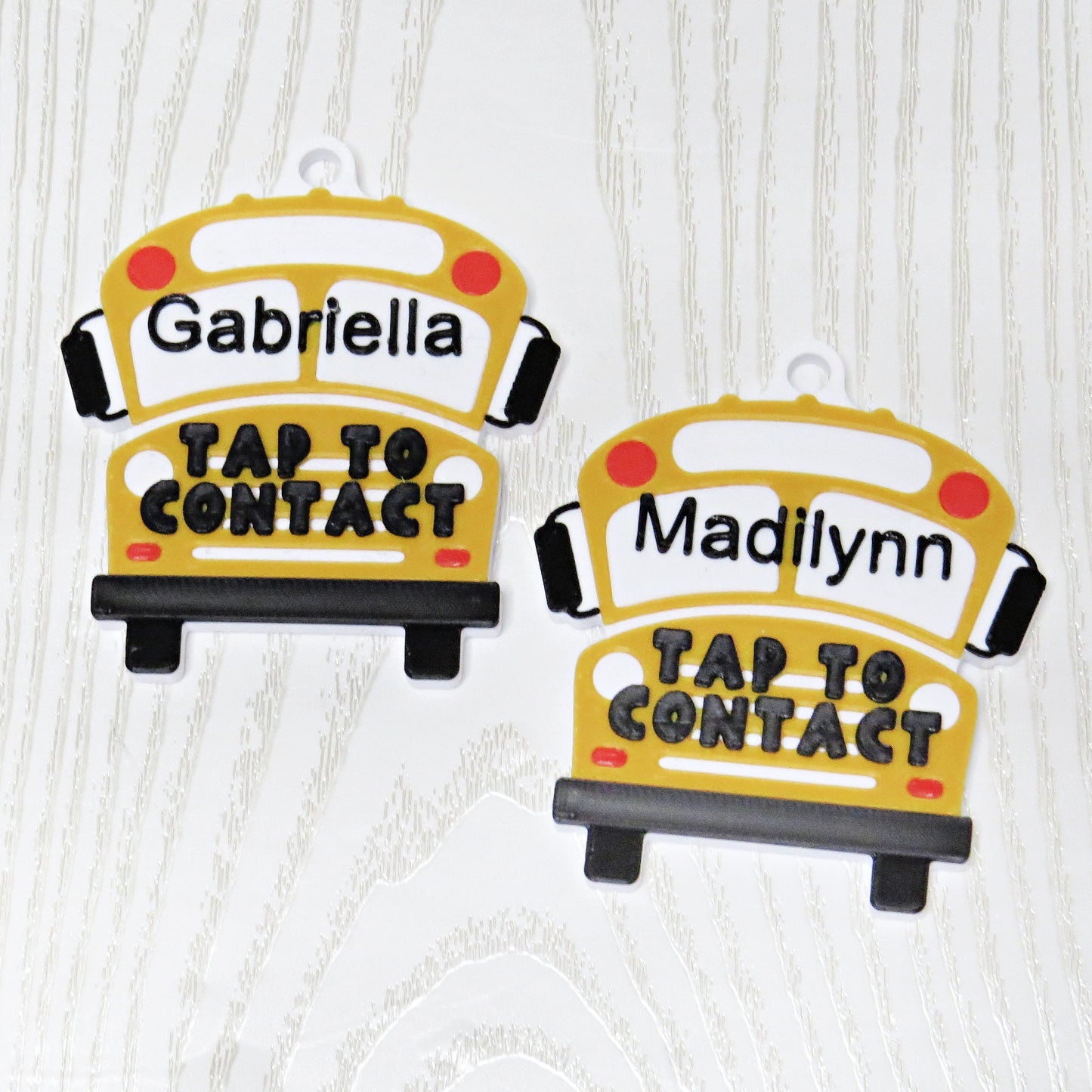 Personalized School Bus NFC Bag Tag - Smart Contact Tap Tag for Kids Backpacks - flat lay showing full bag