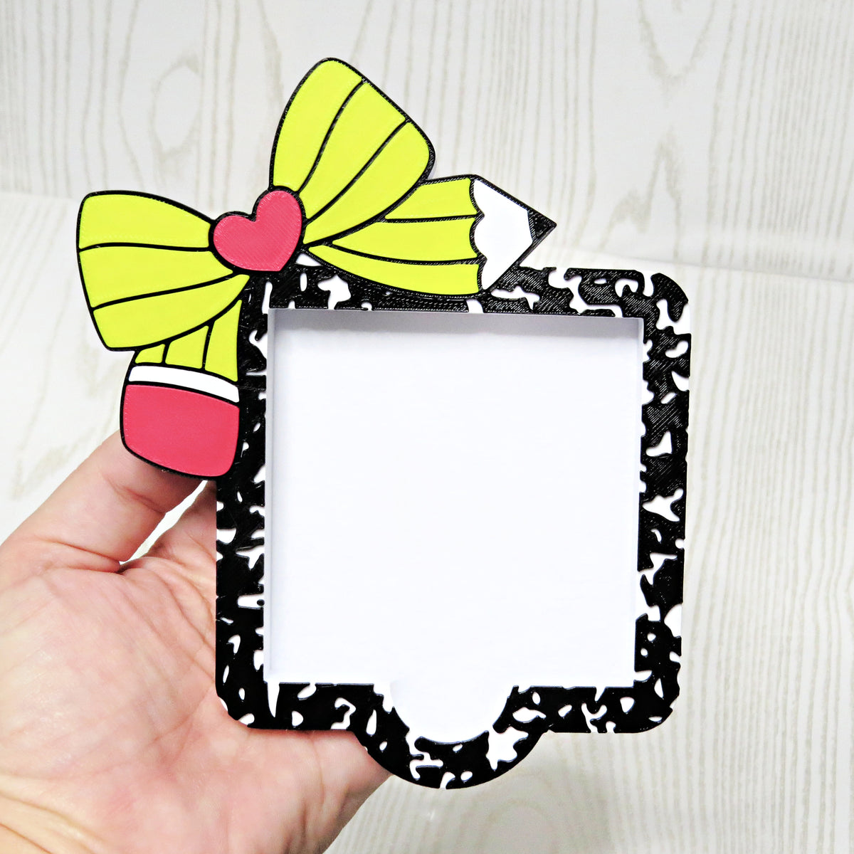 black-white-3d-printed-composition-notebook-sticky-note-holder-yellow-green-bow-pink-heart-pencil-teacher-desk-organizer