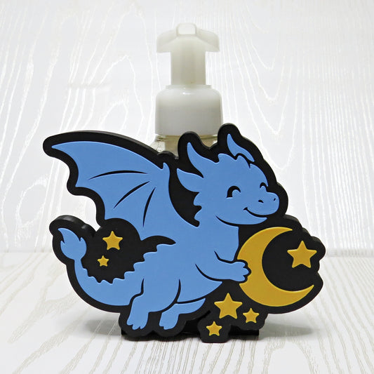 blue-3d-printed-baby-dragon-bat-wings-gold-crescent-moon-stars-black-panel-foaming-soap-holder-fantasy-celestial-bathroom-decor