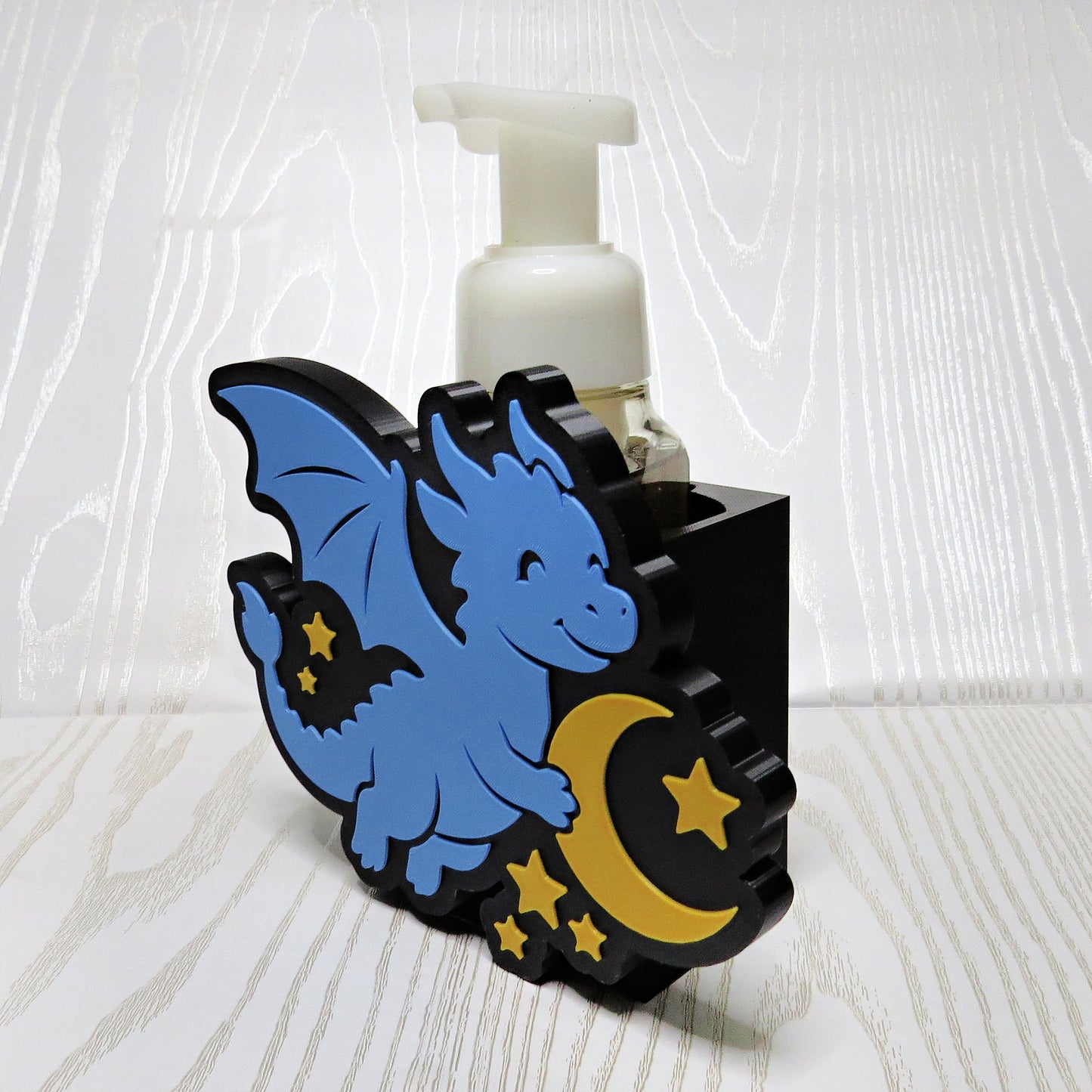 Dragon Foaming Soap Bottle Holder – Cute 3D Printed Blue Baby Dragon with Gold Moon and Stars – Bath and Body Works Foaming Soap Dispenser Stand – Fantasy Celestial Kids Bathroom Bedroom Decor – Dragon Lover Magical Gift