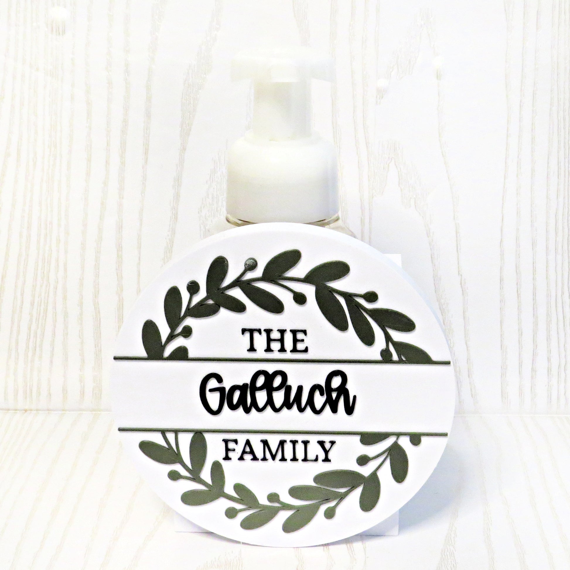 white-3d-printed-botanical-wreath-personalized-family-name-script-foaming-soap-holder-olive-green-leaf-berry-farmhouse-bathroom-decor
