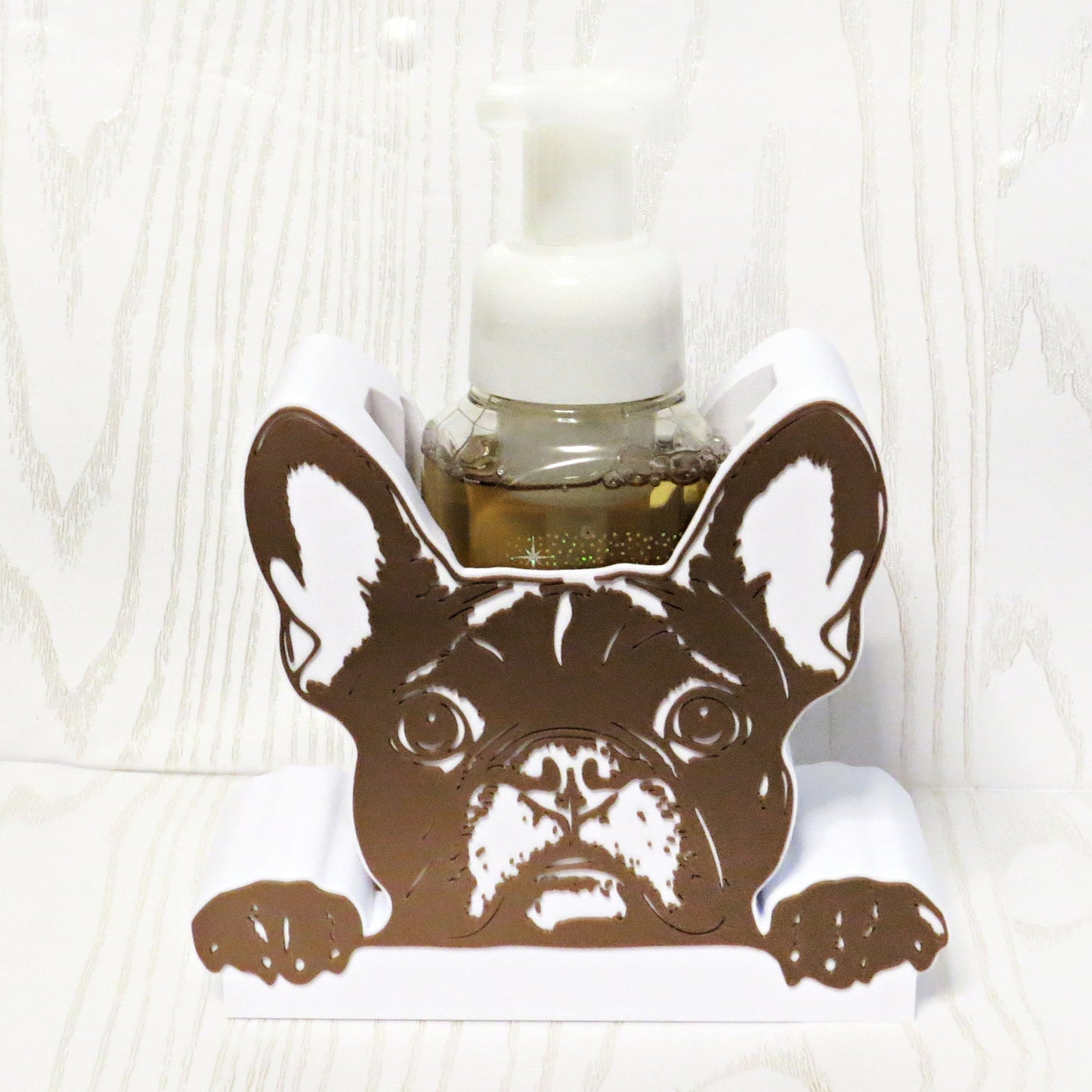 French Bulldog Foaming Soap Bottle Holder – Cute 3D Printed Two-Tone Tan and White Frenchie Peeking Face – Bath and Body Works Foaming Soap Dispenser Stand – Dog Breed Bathroom Kitchen Counter Decor – French Bulldog Owner Frenchie Lover Gift