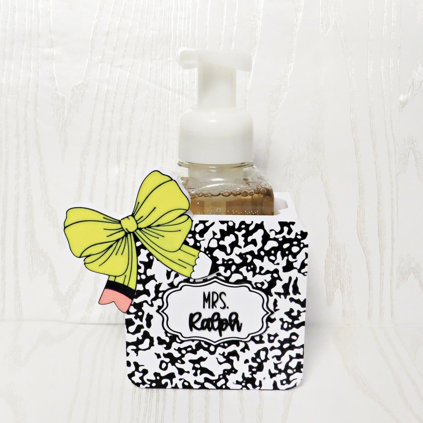 Personalized Teacher Composition Notebook Foaming Soap Holder – Cute 3D Printed Black White Marble Notebook with Custom Name – Bath and Body Works Foaming Soap Dispenser Stand – Teacher Appreciation Classroom Sink Decor – End of Year Back to School Gift