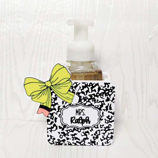 Personalized Teacher Composition Notebook Foaming Soap Holder – Cute 3D Printed Black White Marble Notebook with Custom Name – Bath and Body Works Foaming Soap Dispenser Stand – Teacher Appreciation Classroom Sink Decor – End of Year Back to School Gift