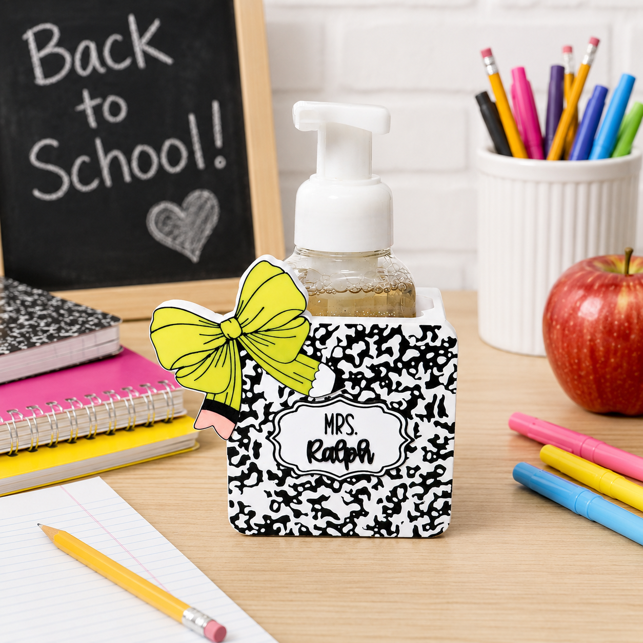 Personalized Teacher Composition Notebook Foaming Soap Holder – Cute 3D Printed Black White Marble Notebook with Custom Name – Bath and Body Works Foaming Soap Dispenser Stand – Teacher Appreciation Classroom Sink Decor – End of Year Back to School Gift