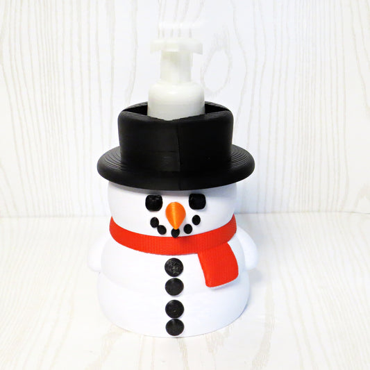 white-3d-printed-snowman-black-top-hat-orange-carrot-nose-red-scarf-black-buttons-foaming-soap-holder-christmas-winter-bathroom-decor
