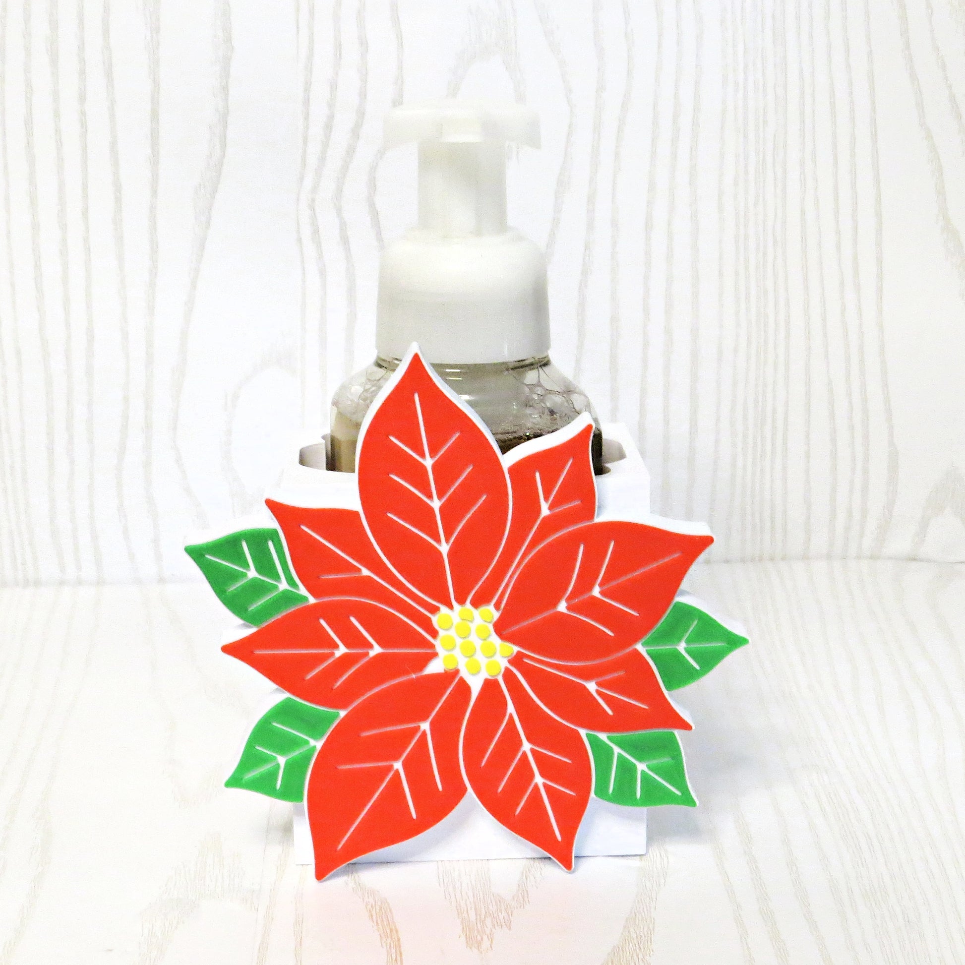 red-white-yellow-green-3d-printed-poinsettia-floral-foaming-soap-holder-white-base-christmas-holiday-botanical-bathroom-decor