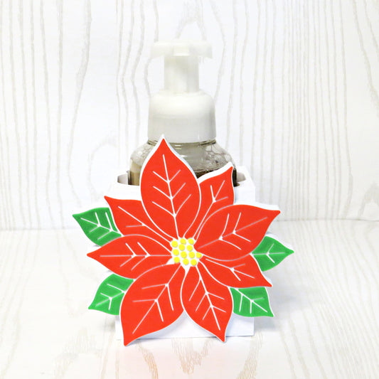 red-white-yellow-green-3d-printed-poinsettia-floral-foaming-soap-holder-white-base-christmas-holiday-botanical-bathroom-decor
