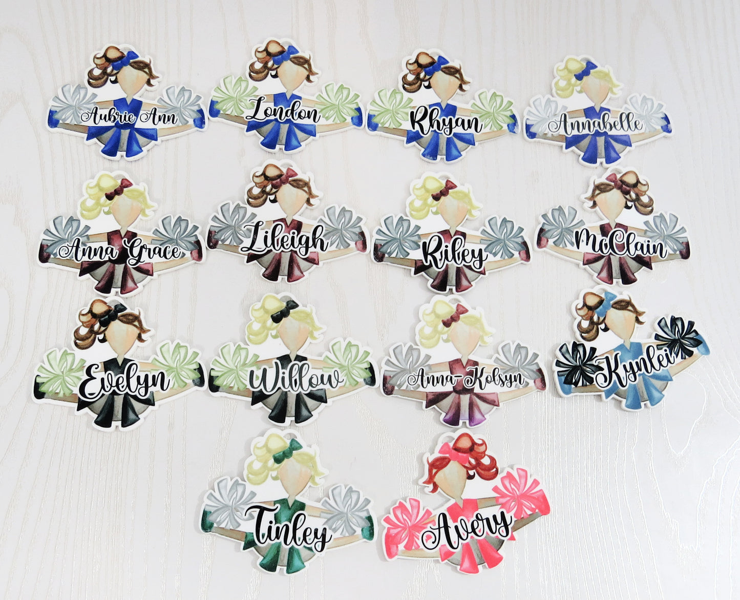 Custom Cheerleader Bag Tag with Name – Choose Hair and Team Colors – Personalized Cheerleader Backpack Charm