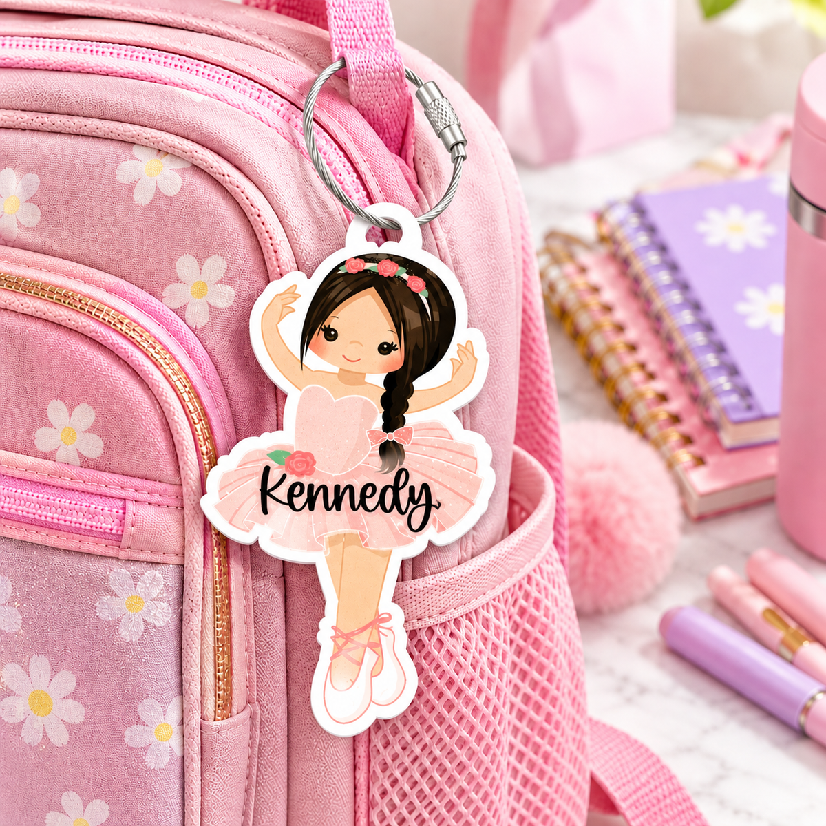 Ballerina Ballet Bag Tag Personalized with Name - Young Dancer Bag Name Tag - Pointe Keychain Ballerina Shoes - Blond Red Black Brown Brunette Hair