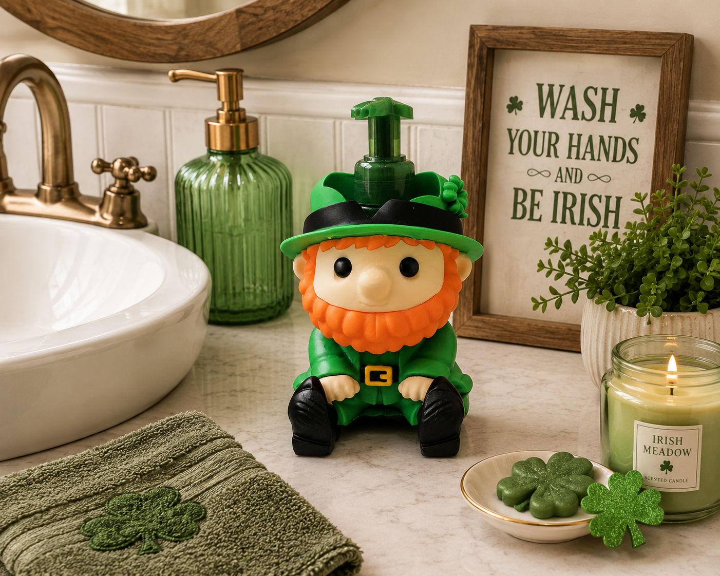 Leprechaun Foaming Soap Holder - Lucky Irish Kitchen & Bathroom Decor - side angle showing product shape