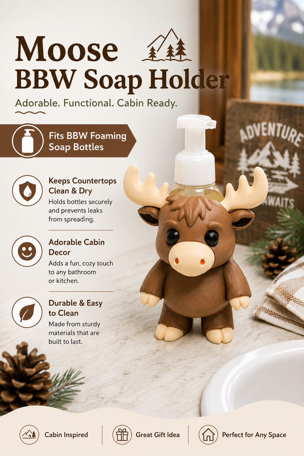 Moose Foaming Soap Bottle Holder – Cute 3D Printed Brown Moose with Cream Antlers – Bath and Body Works Foaming Soap Dispenser Stand – Woodland Rustic Cabin Bathroom Kitchen Counter Decor – Moose Lover Wildlife Nature Gift