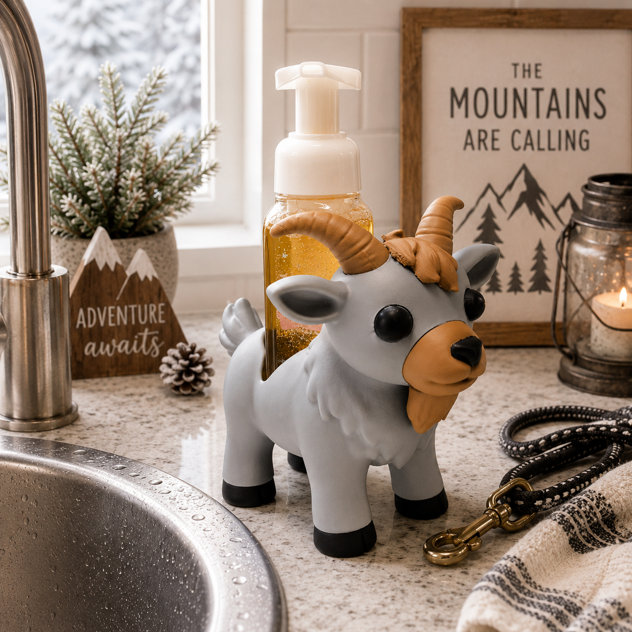 Mountain Goat Foaming Soap Bottle Holder – Cute 3D Printed White Grey Goat with Curved Horns – Bath and Body Works Foaming Soap Dispenser Stand – Farm Wildlife Bathroom Kitchen Decor – Goat Lover Nature Gift