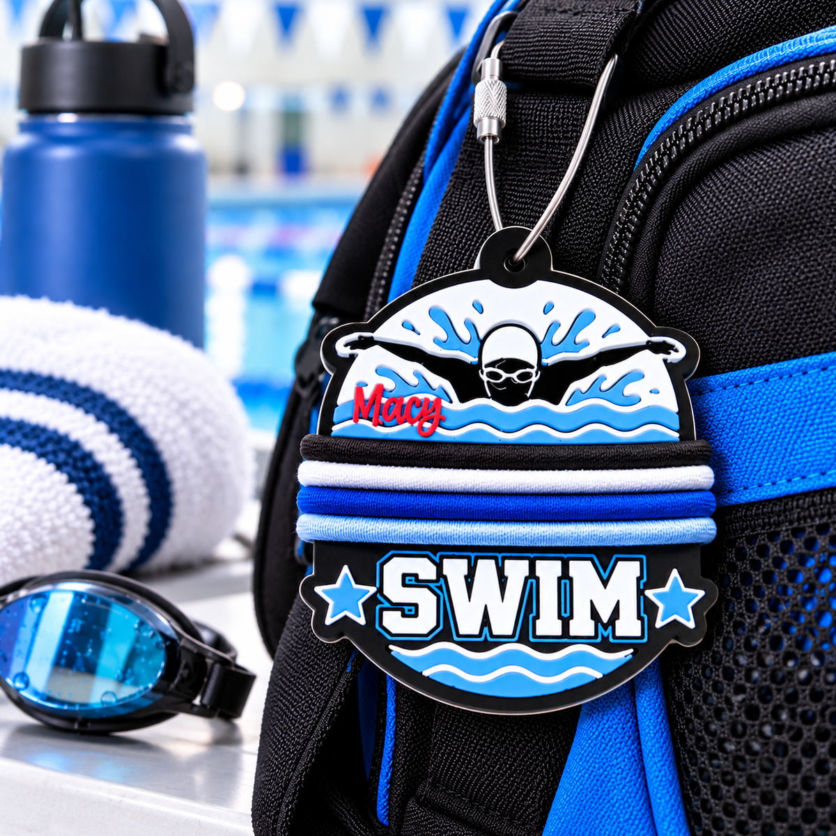 Personalized Swim Bag Tag with Hair Tie Holder — Custom Name Swimmer Keychain for Swim Team
