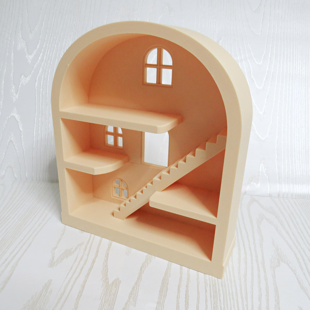 Mini Dollhouse Shelf — Arched Miniature Display Stand with Stairs and Windows for Kids Room Decor
