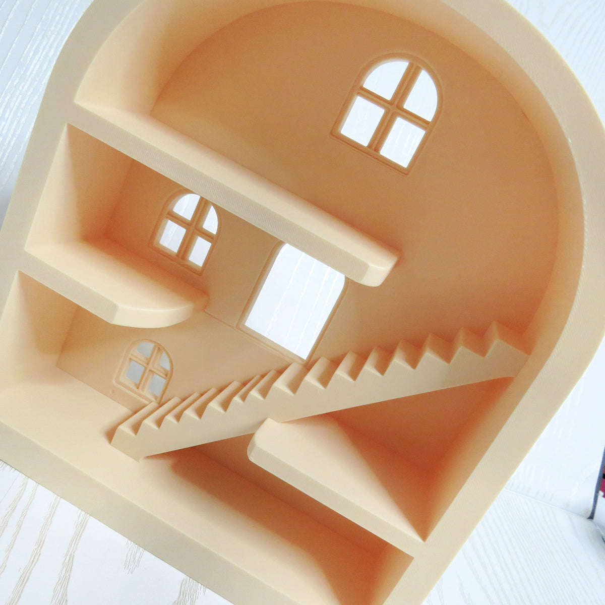 Mini Dollhouse Shelf — Arched Miniature Display Stand with Stairs and Windows for Kids Room Decor