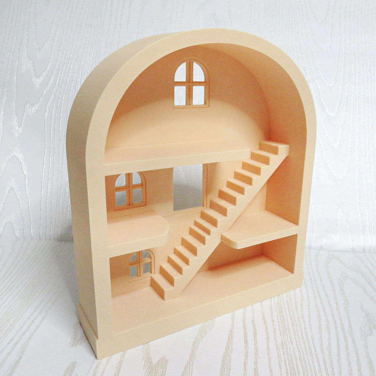 Mini Dollhouse Shelf — Arched Miniature Display Stand with Stairs and Windows for Kids Room Decor