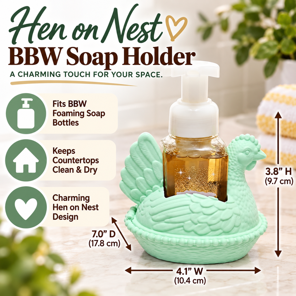 Hen on Nest Foaming Soap Holder – Farmhouse Chicken Bathroom & Kitchen Decor - You Choose Color