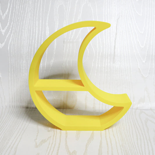 Yellow crescent moon shaped freestanding two tier display shelf for crystals and small keepsakes
