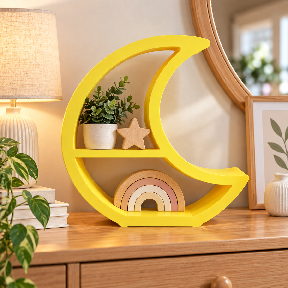 Yellow Crescent Moon Shelf — Freestanding Celestial Display Stand for Trinkets, Plants and Nursery Decor