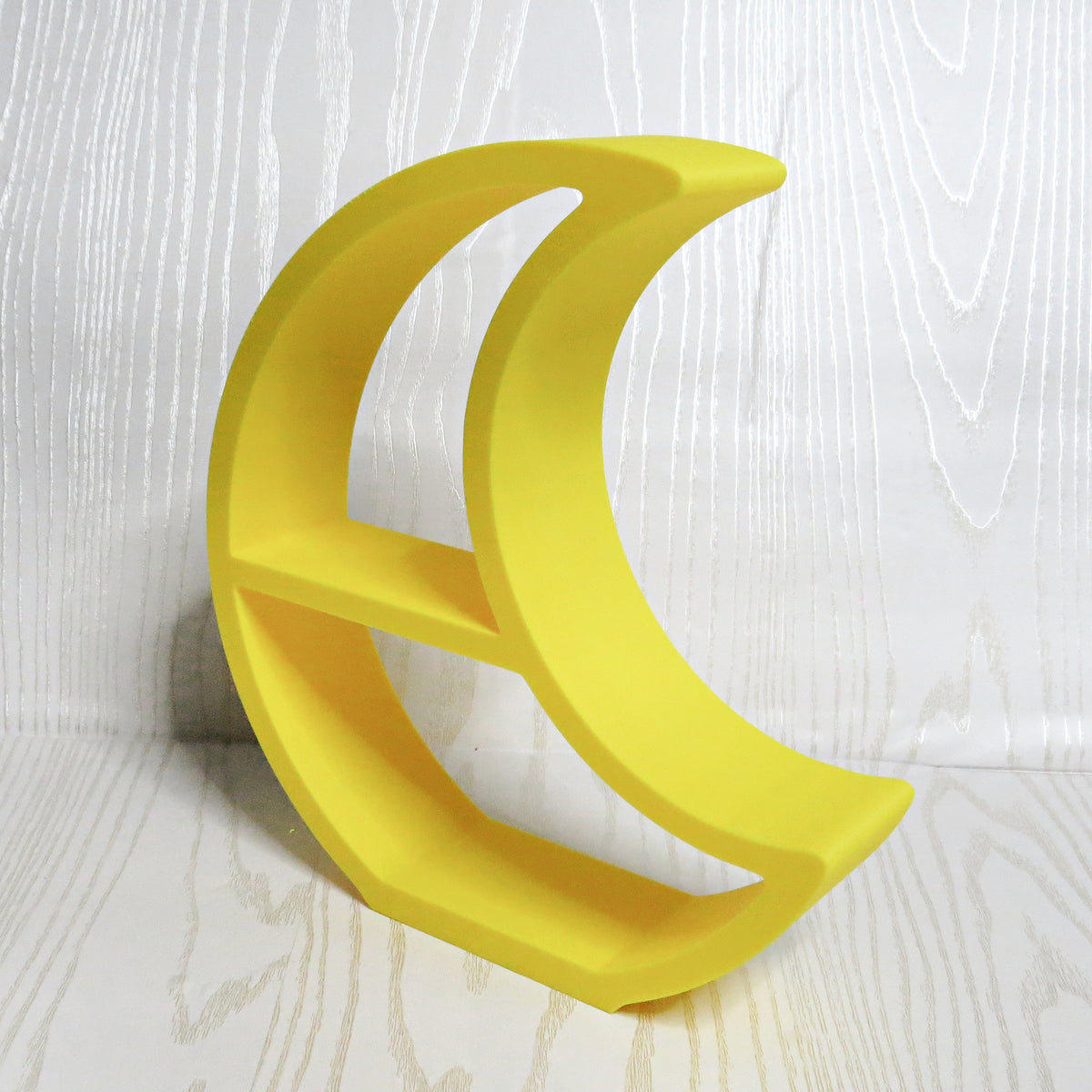 Yellow Crescent Moon Shelf — Freestanding Celestial Display Stand for Trinkets, Plants and Nursery Decor