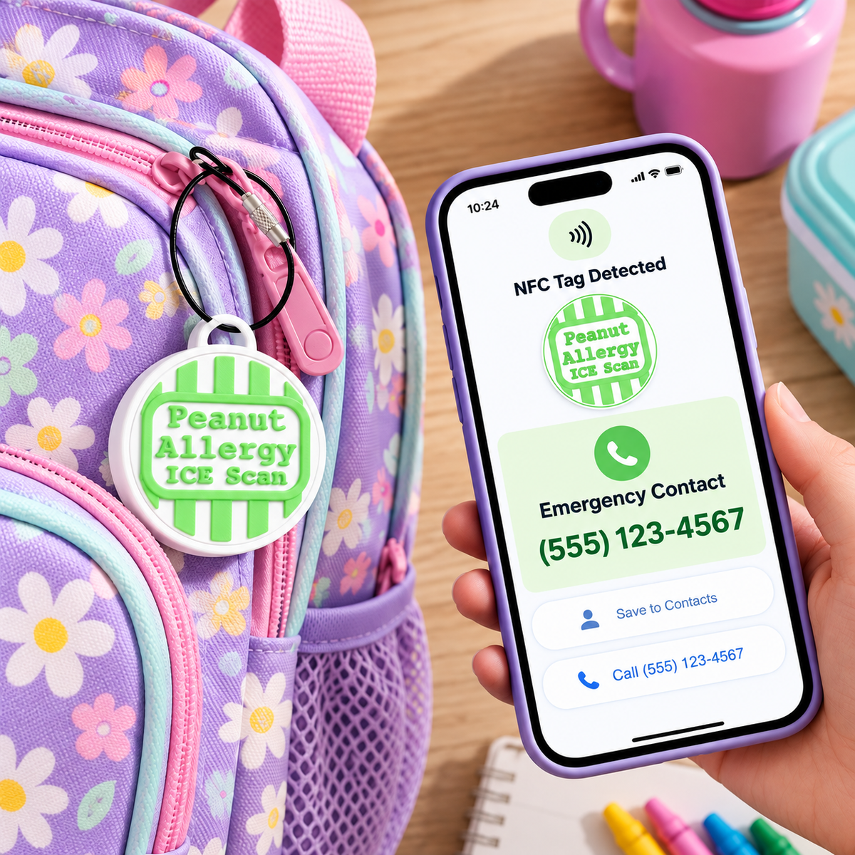 Personalized NFC Allergy Bag Tag — Custom Allergy Alert with Emergency Contact Number for Kids