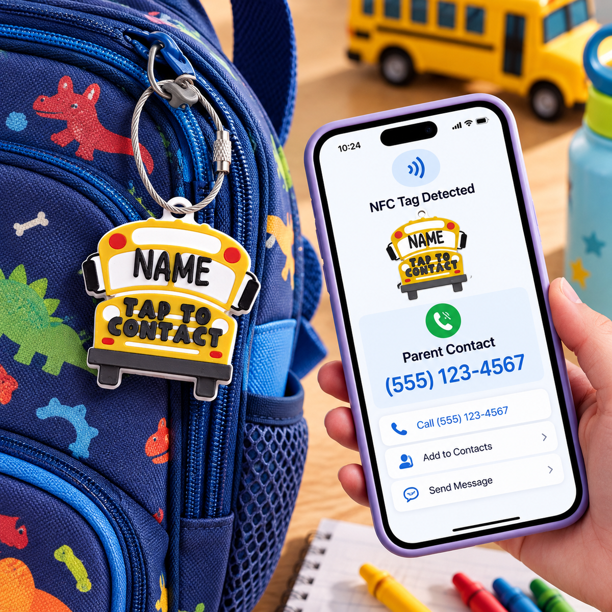 Personalized School Bus NFC Bag Tag – Smart Contact Tap Tag for Kids Backpacks