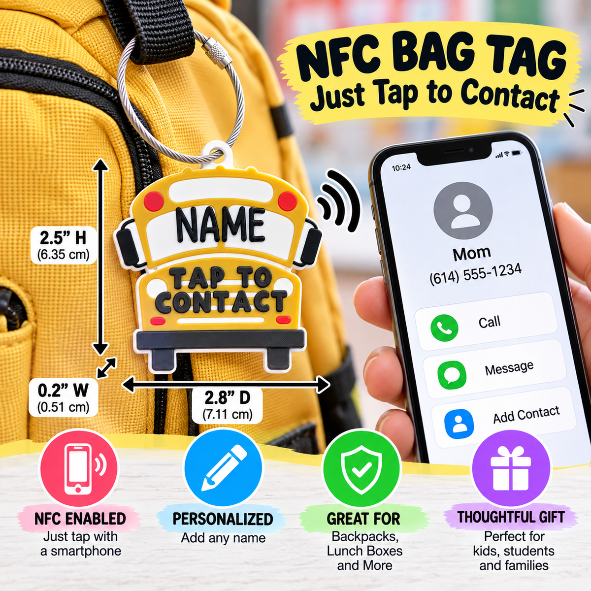 Personalized School Bus NFC Bag Tag – Smart Contact Tap Tag for Kids Backpacks