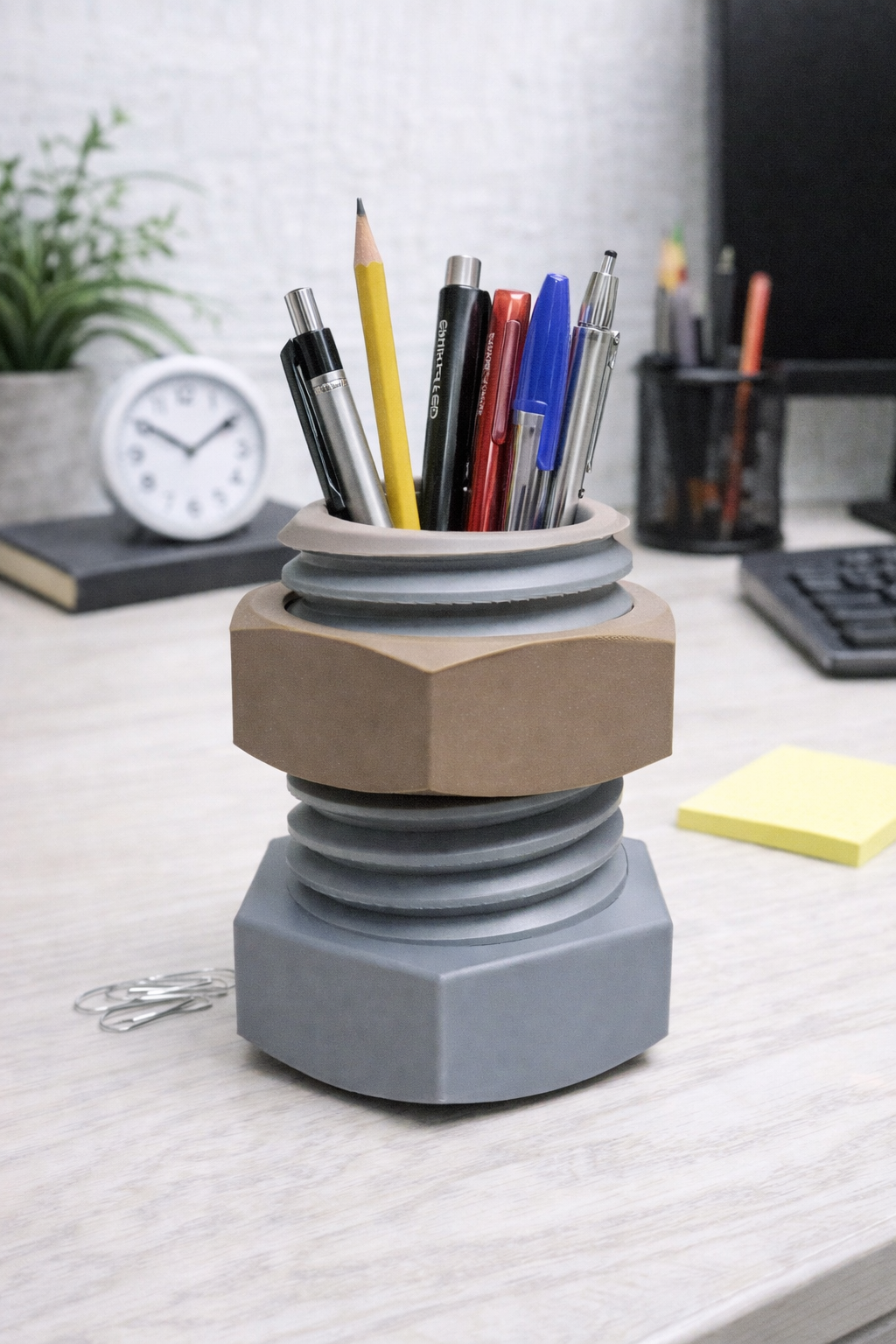 3D printed nut and bolt pencil holder desk organizer with adjustable screw design mechanical tool themed pen holder gift for dad office or workshop