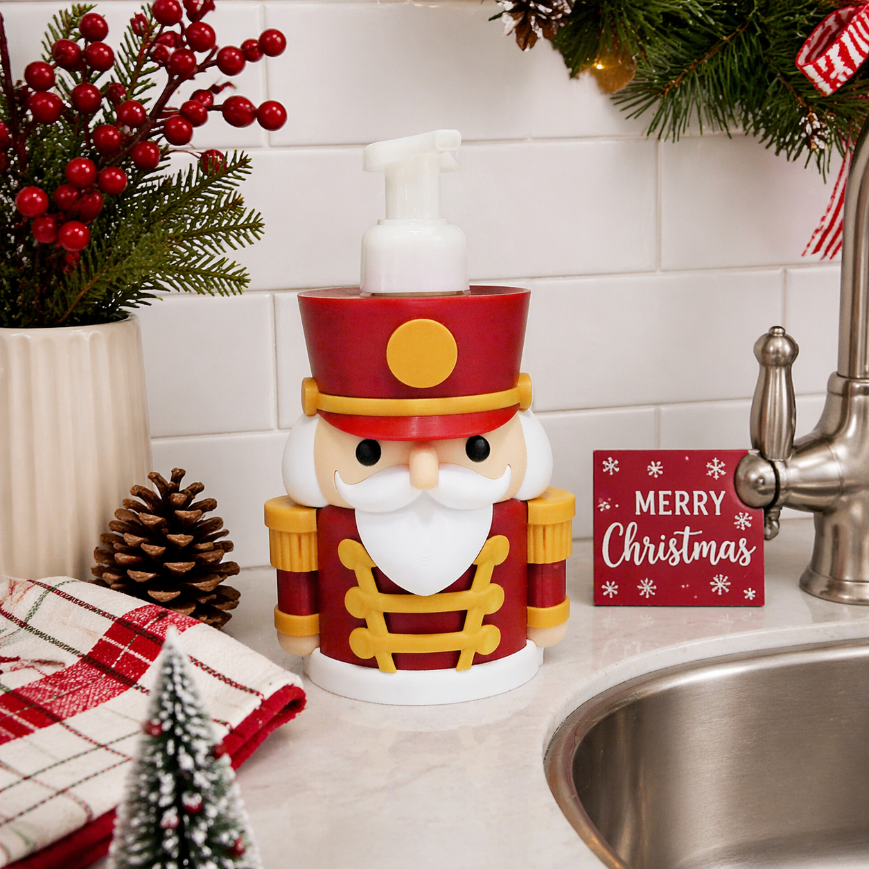 Nutcracker Foaming Soap Holder - Christmas Sink Decor - side angle showing product shape
