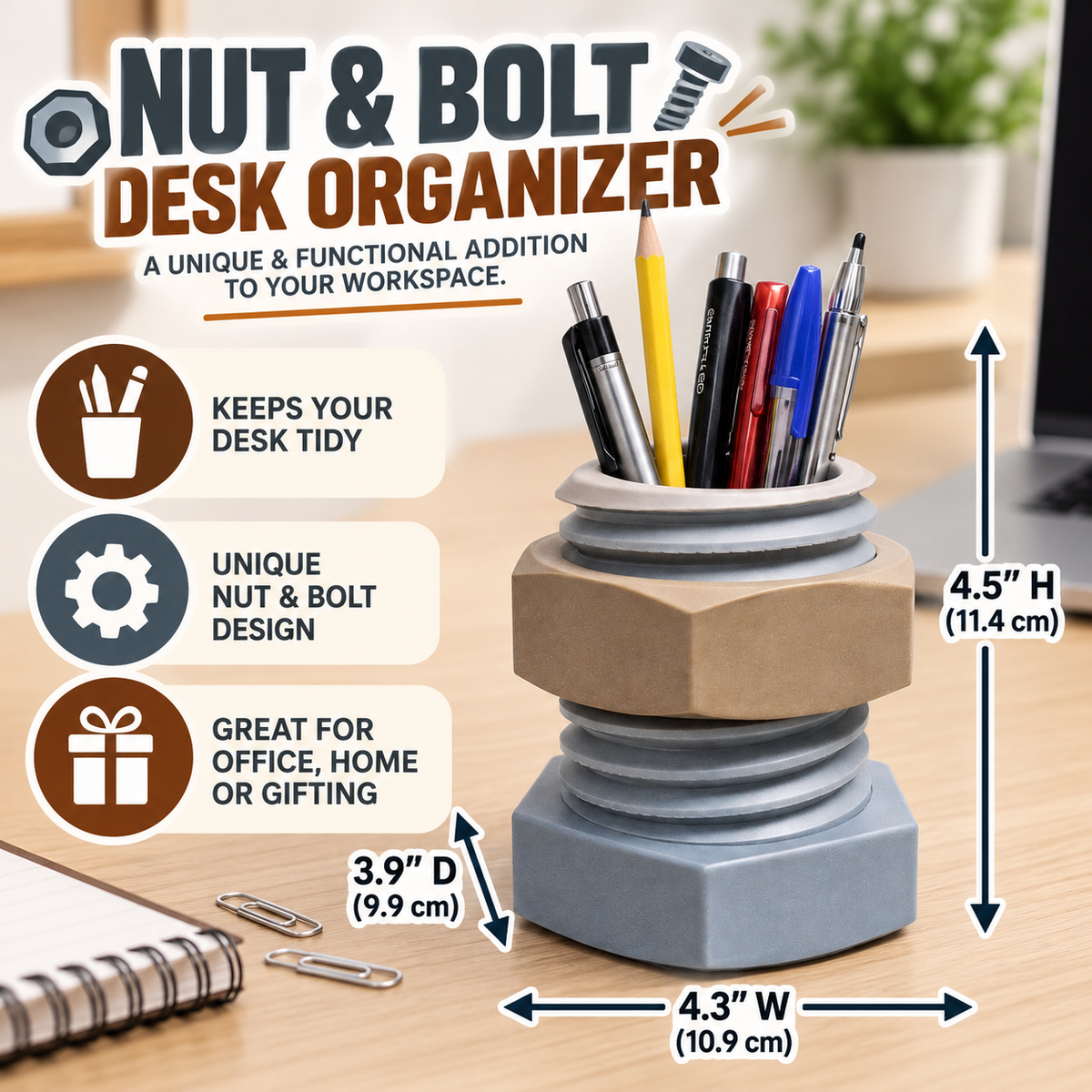 Adjustable Nut and Bolt Pencil Holder – Mechanical Desk Organizer Gift for Dad Tool Lover Office Decor