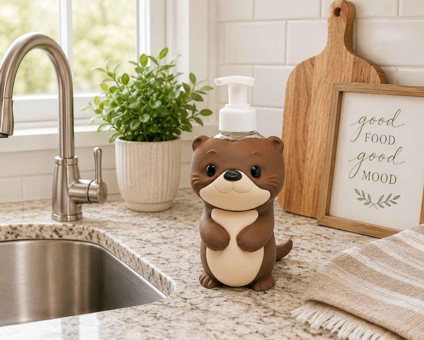 Otter Foaming Soap Holder - Woodland Farmhouse Bathroom Decor - Cute Animal Countertop Organizer for Kitchen Sink and Bath Accessories