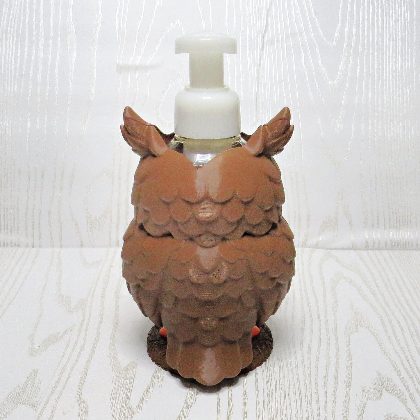 Owl Foaming Soap Holder - Cute Woodland Bathroom Decor - lifestyle with soap bottle inserted