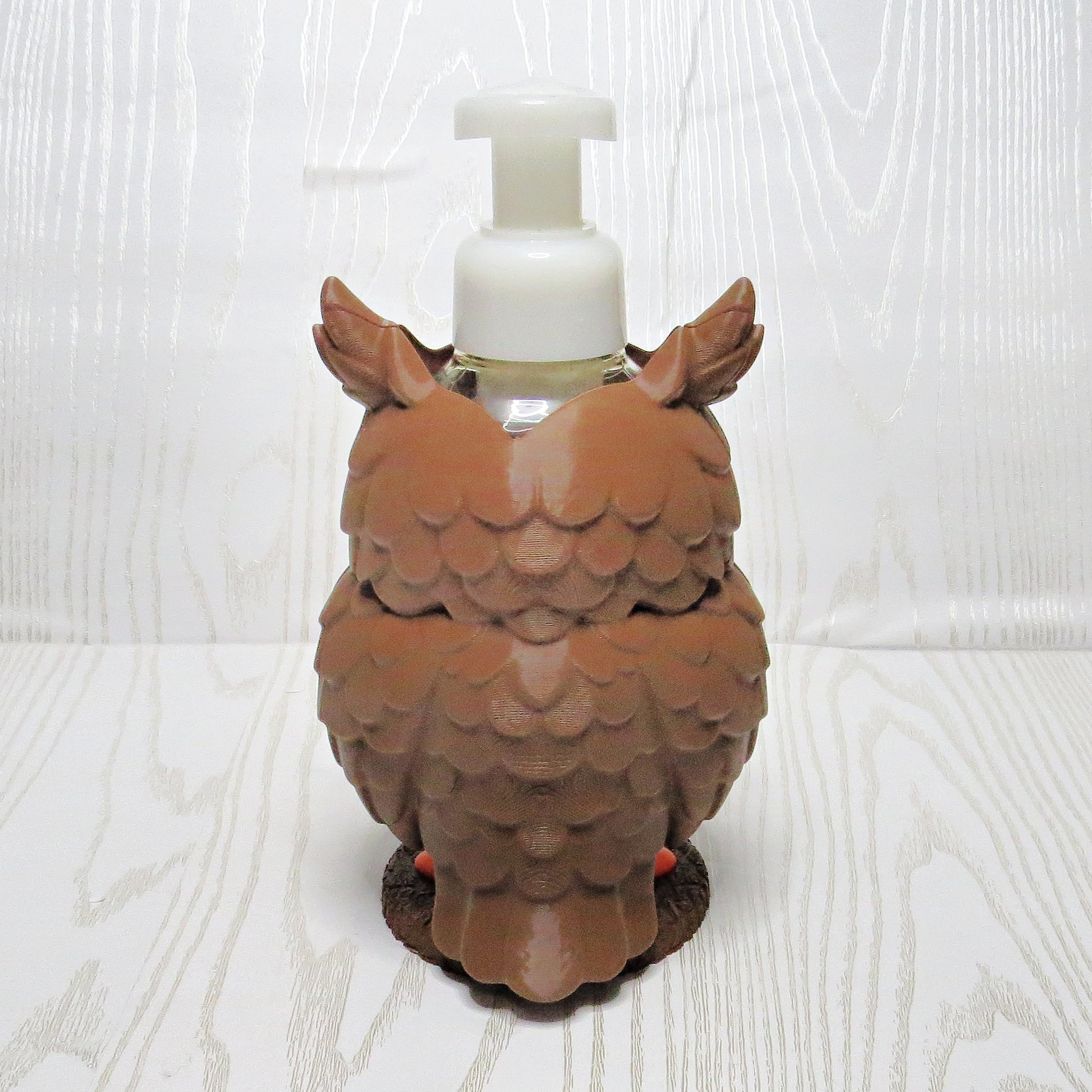 Owl Foaming Soap Holder - Cute Woodland Bathroom Decor - lifestyle with soap bottle inserted