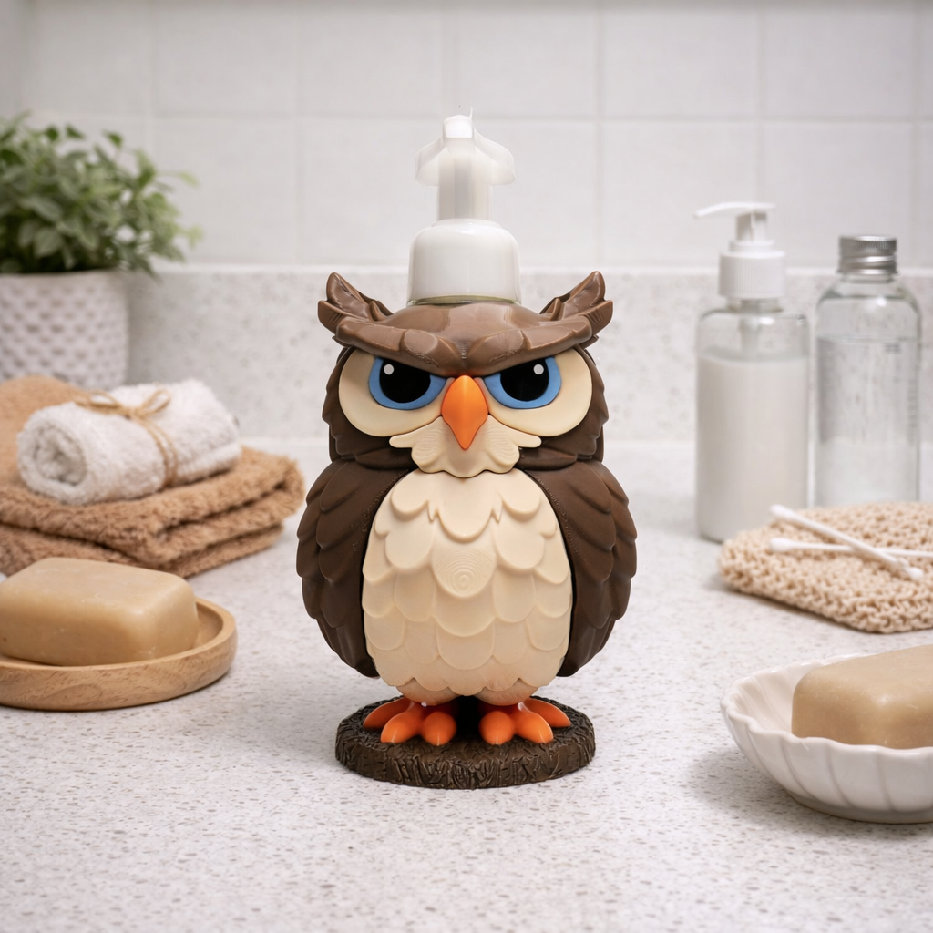 Owl Foaming Soap Holder - Cute Woodland Bathroom Decor - side angle showing product shape