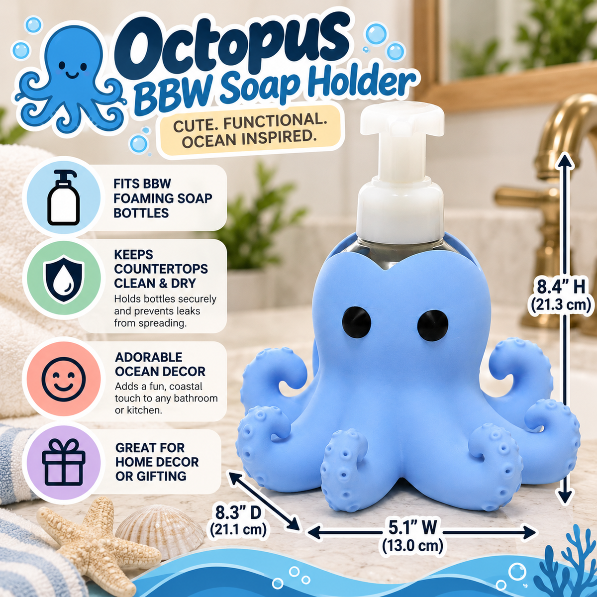 Octopus Foaming Soap Bottle Holder – Cute 3D Printed Blue Octopus with Curled Tentacles – Bath and Body Works Foaming Soap Dispenser Stand – Ocean Coastal Bathroom Kitchen Counter Decor – Octopus Lover Beach Gift