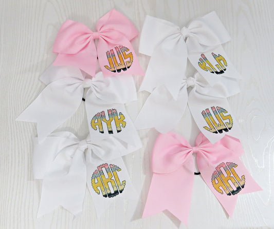 Personalized Pencil Monogram Hair Bow for Girls - Monogram Hair Tie - Accessory Back to School - Custom White Pink Preppy Bow - Cheer 8" Bow - Ribbon - Uniform