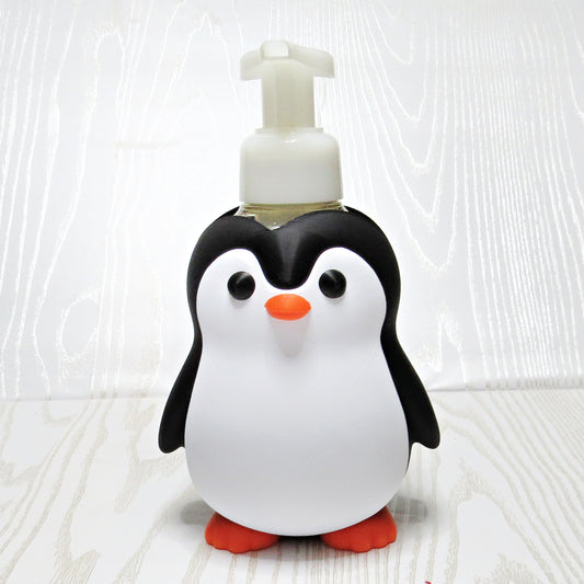 black-white-3d-printed-penguin-foaming-soap-bottle-holder-orange-beak-feet-bathroom-decor