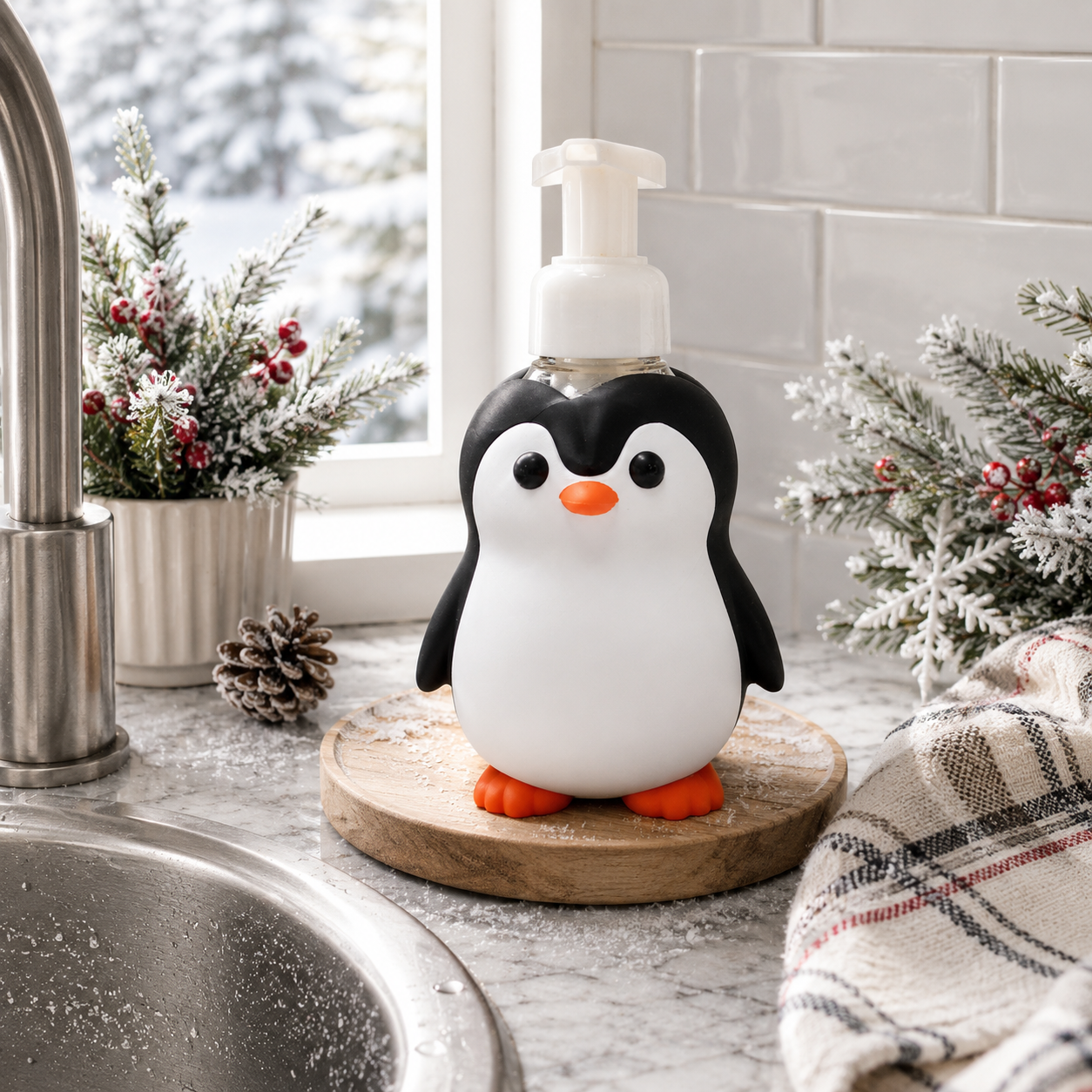 Penguin Foaming Soap Bottle Holder – Cute 3D Printed Black and White Penguin – Bath and Body Works Foaming Soap Dispenser Stand – Bathroom Kitchen Counter Decor – Penguin Lover Winter Gift