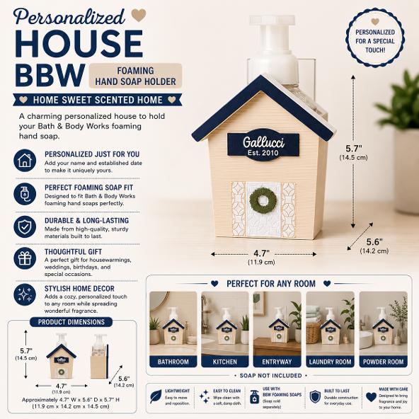Personalized House Foaming Soap Bottle Holder – Custom Name and Established Year – 3D Printed Farmhouse Bath and Body Works Soap Dispenser Stand – Kitchen Sink Decor – Housewarming Wedding Anniversary Gift